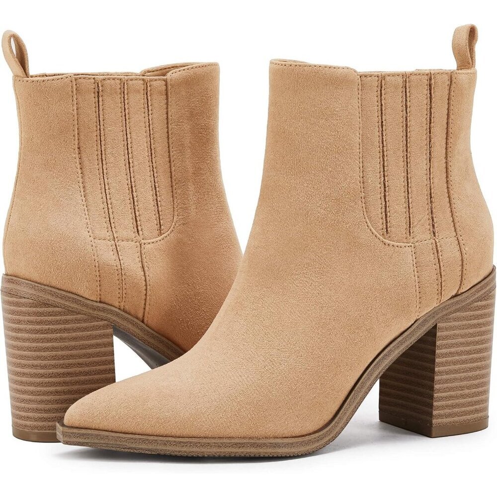 Womens Camel Faux Leather Slip on Pointed Toe Chunky Block Mid Heel Booties - Picture 4 of 6